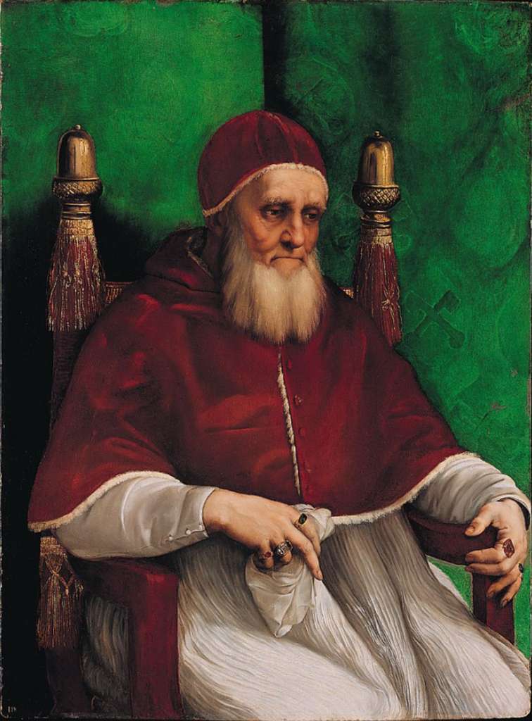 London National Gallery Next 20 05 Raphael - Pope Julius II Raphael - Portrait of Pope Julius II, 1512, 108 x 81 cm. This is a portrait of Pope Julius II, shortly before his death in 1513, wearing a red and white cape. The pope had grown a beard to show that he was upset about the loss of the city of Bologna. Julius II was a liberal patron of arts, employing Bramante for the design of St. Peter's cathedral, and bringing Raphael to Rome to decorate his private apartments and commissioning Michelangelo for the frescoes on the ceiling of the Sistine Chapel and for his own tomb. Julius is seated in an armchair adorned with his own personal emblem, the acorn. The pope�s head is in the centre of the painting, with a line emphasized down to the handkerchief in his hand.